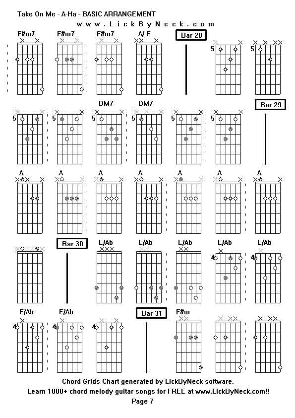 Chord Grids Chart of chord melody fingerstyle guitar song-Take On Me - A-Ha - BASIC ARRANGEMENT,generated by LickByNeck software.